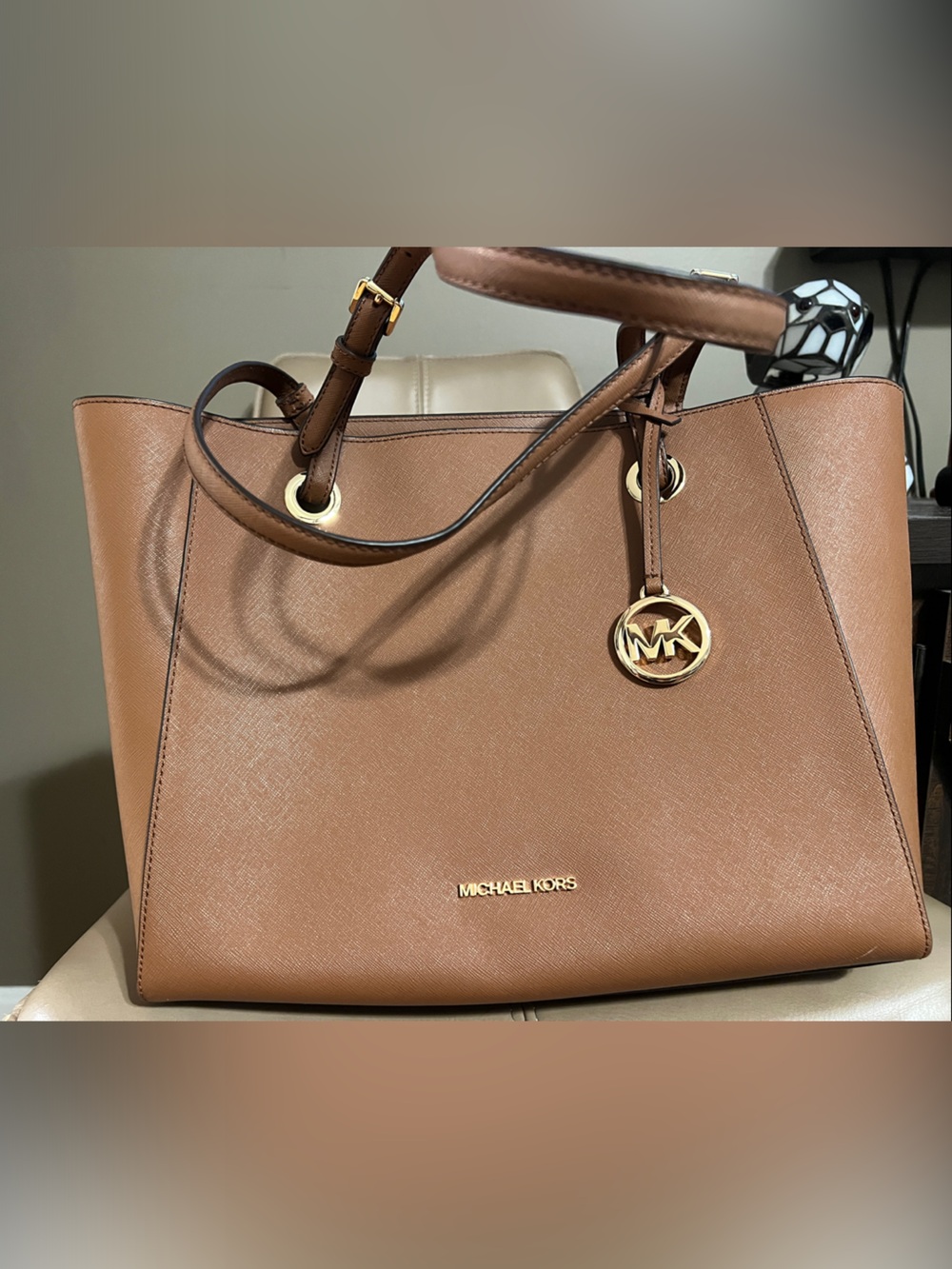 Michael Kors Brown Saffiano Leather Tote with Gold Hardware